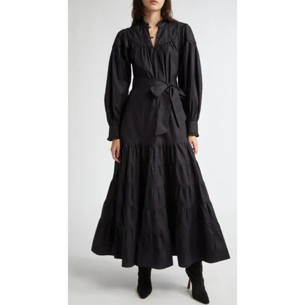 MILLE Ninette Tiered Long Sleeve Cotton Poplin Dress Maxi XS
